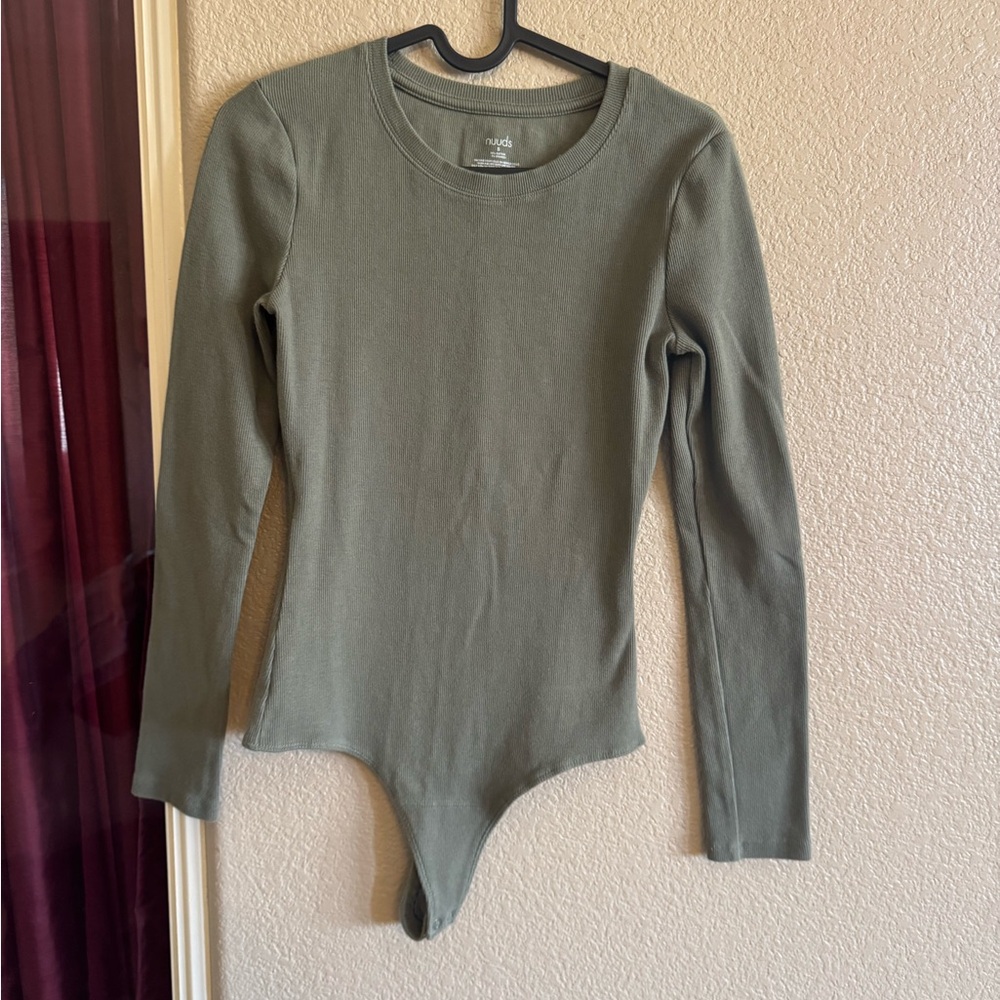 Nuuds Olive Ribbed Long Sleeved Crewneck Bodysuit